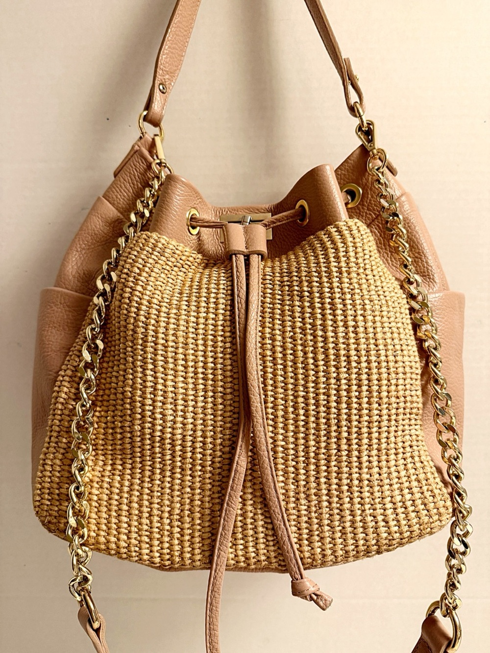 Unica Firenze đŽđš Handmade Leather & Straw Bucket Bag | Chain Strap | Mauve Blush
